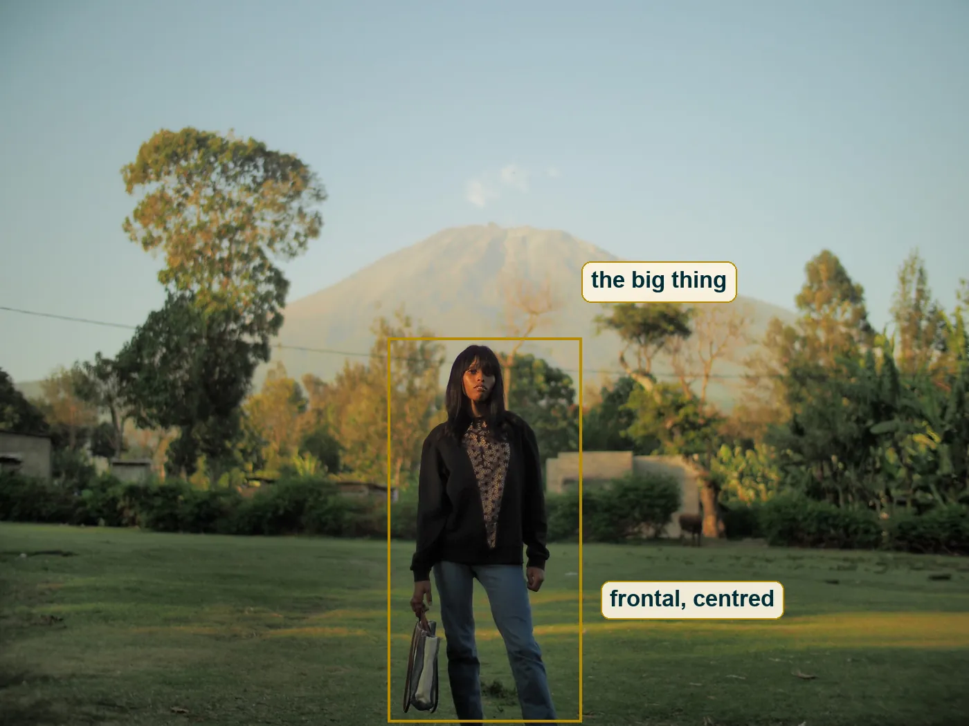 Full frame, the standing woman boxed as frontal and centred, the mountain labelled as the big thing behind her
