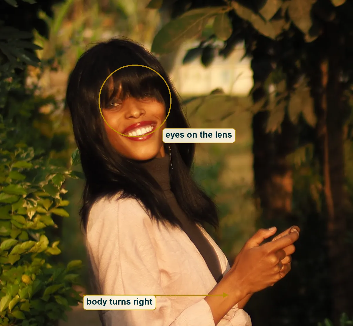 Crop of her face and shoulder, eyes circled, an arrow along the body pointing right