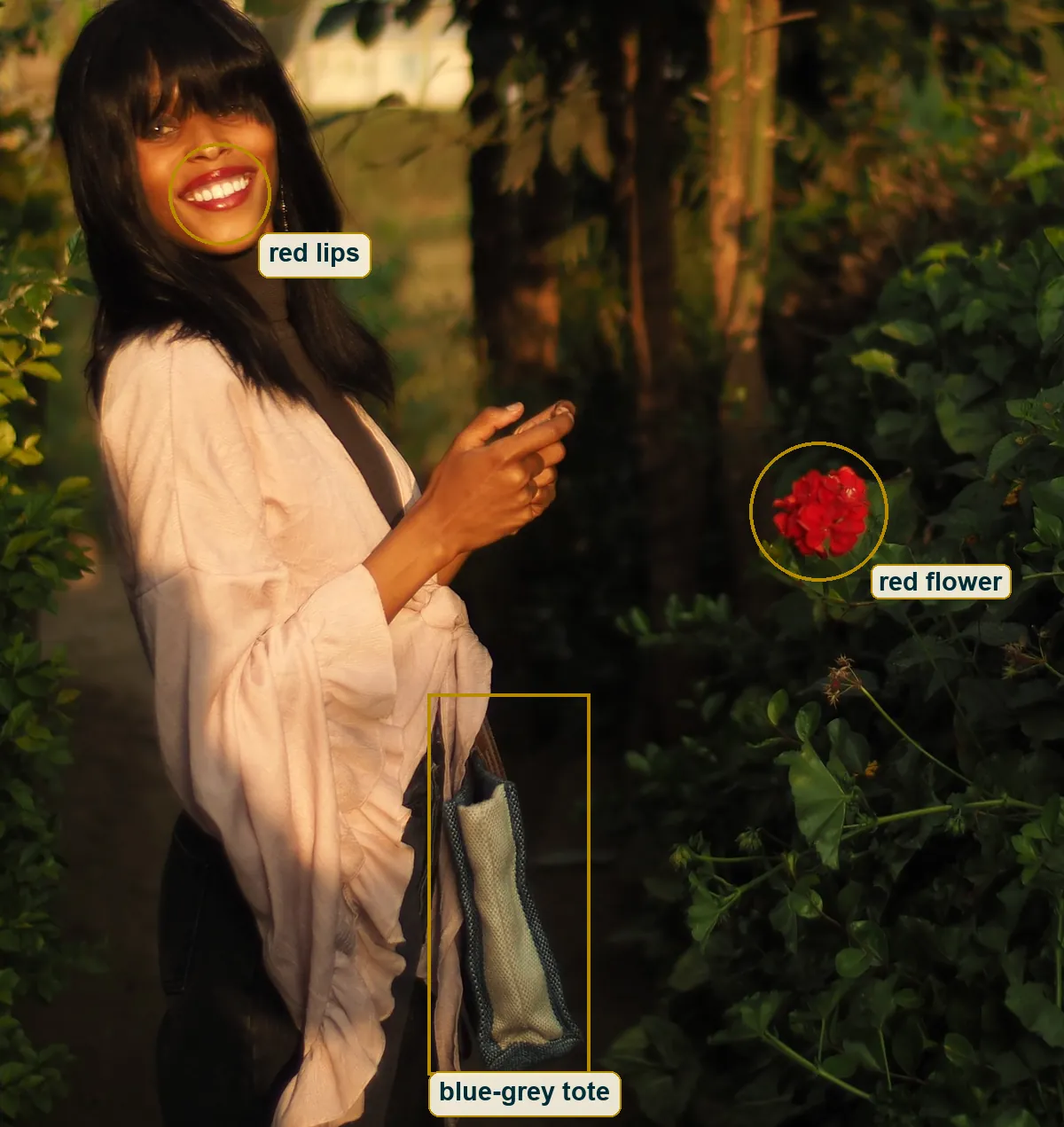 Crop with circles on the red lips and the nearest red flower and a box on the blue-grey tote