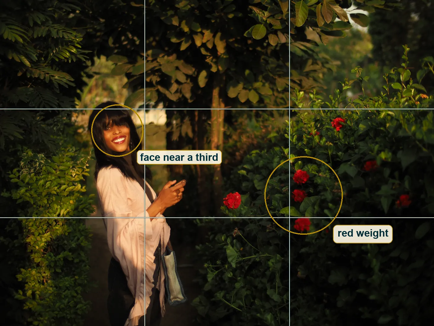 Full frame with a thirds grid, her face circled near the upper left crossing and the red flowers circled on the right