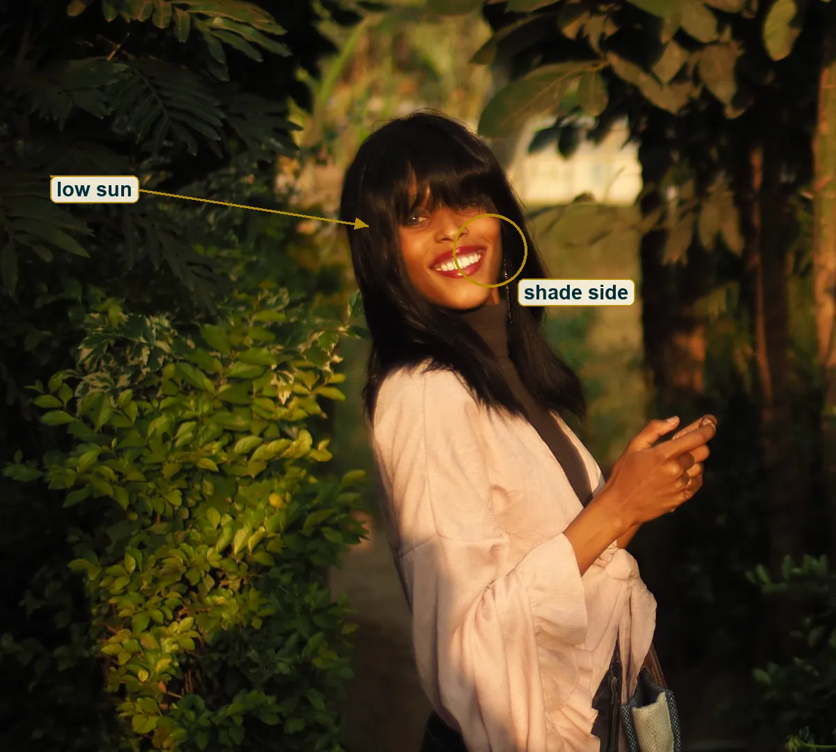 Left half of the frame with an arrow for low sun from the left and a circle on the shaded side of her face
