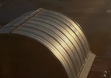 Unscaled crop of the glass vault roof, its curved ribs lit by thin lines of low sun