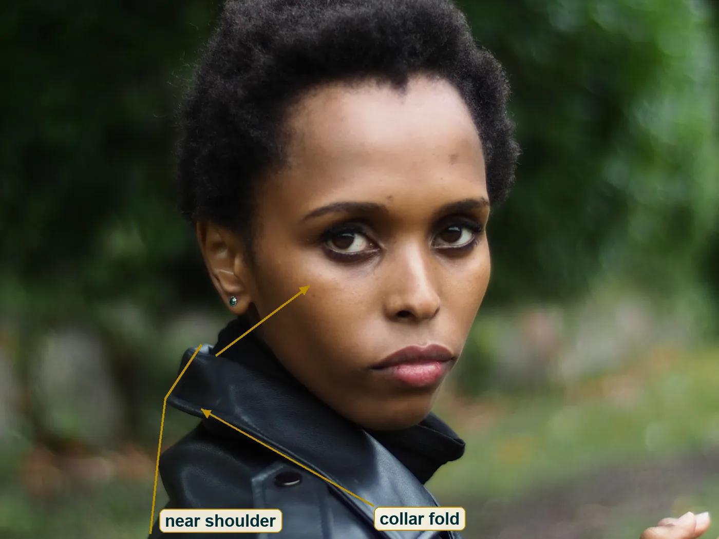 Full frame with a line on the near shoulder and arrows up the collar fold to the face