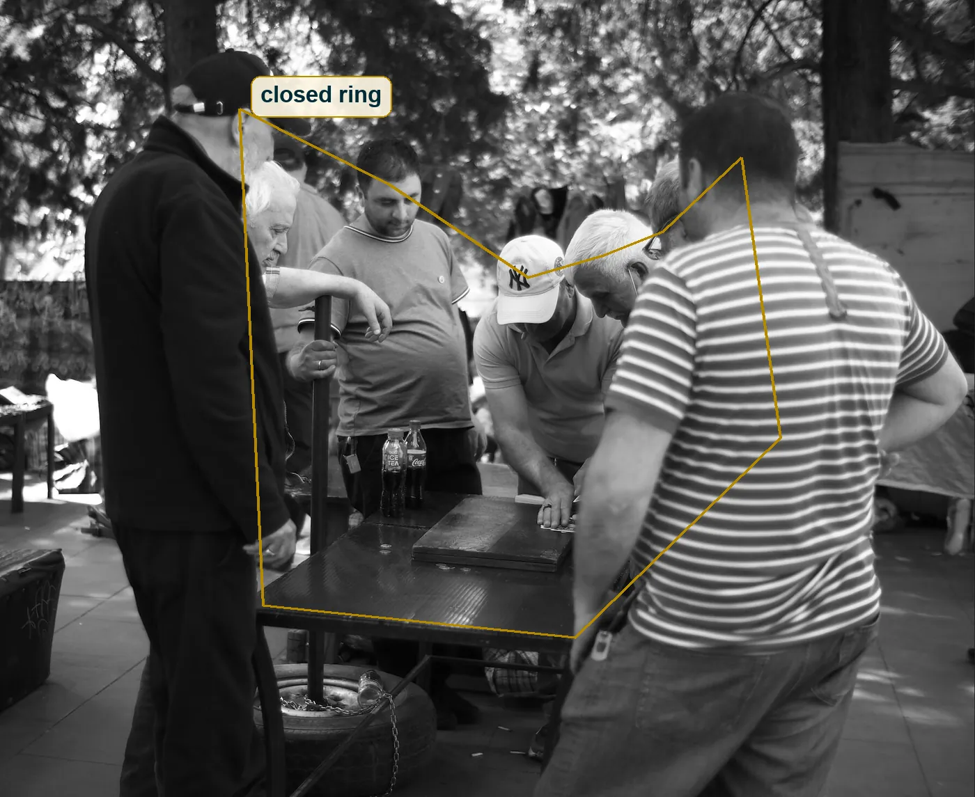 Full frame with a gold line joining the heads of the men and the near table edge into one closed ring