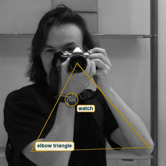 Crop of the seated figure with the triangle of elbows and camera traced and the watch circled
