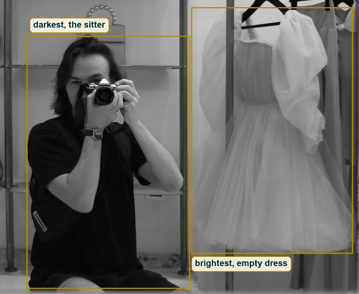 Crop with the bright empty tulle dress and the dark seated figure boxed side by side