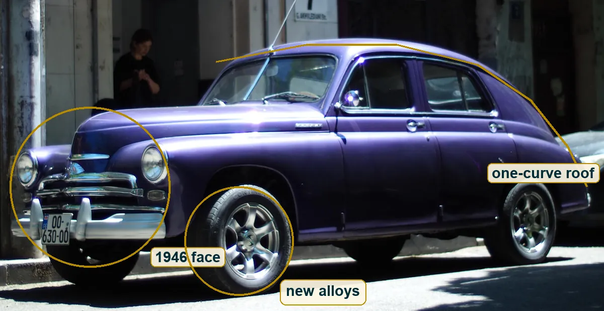 Crop of the purple car with marks on the old grille, the fastback roof and the new alloy wheel