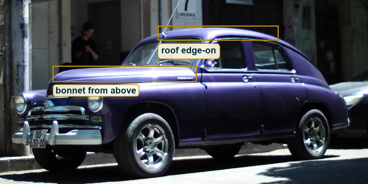 Crop of the car with the roof seen edge-on and the bonnet seen from above