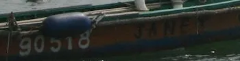 Full-size crop of the wooden boat's painted name and number, smooth with no film grain