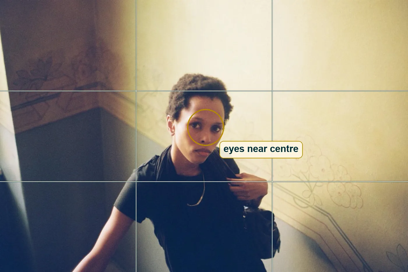 Full photo with a rule of thirds grid, her eyes sit near the centre