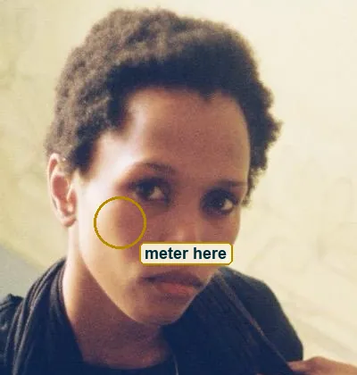 Crop of her face with a small circle on her lit cheek where to meter