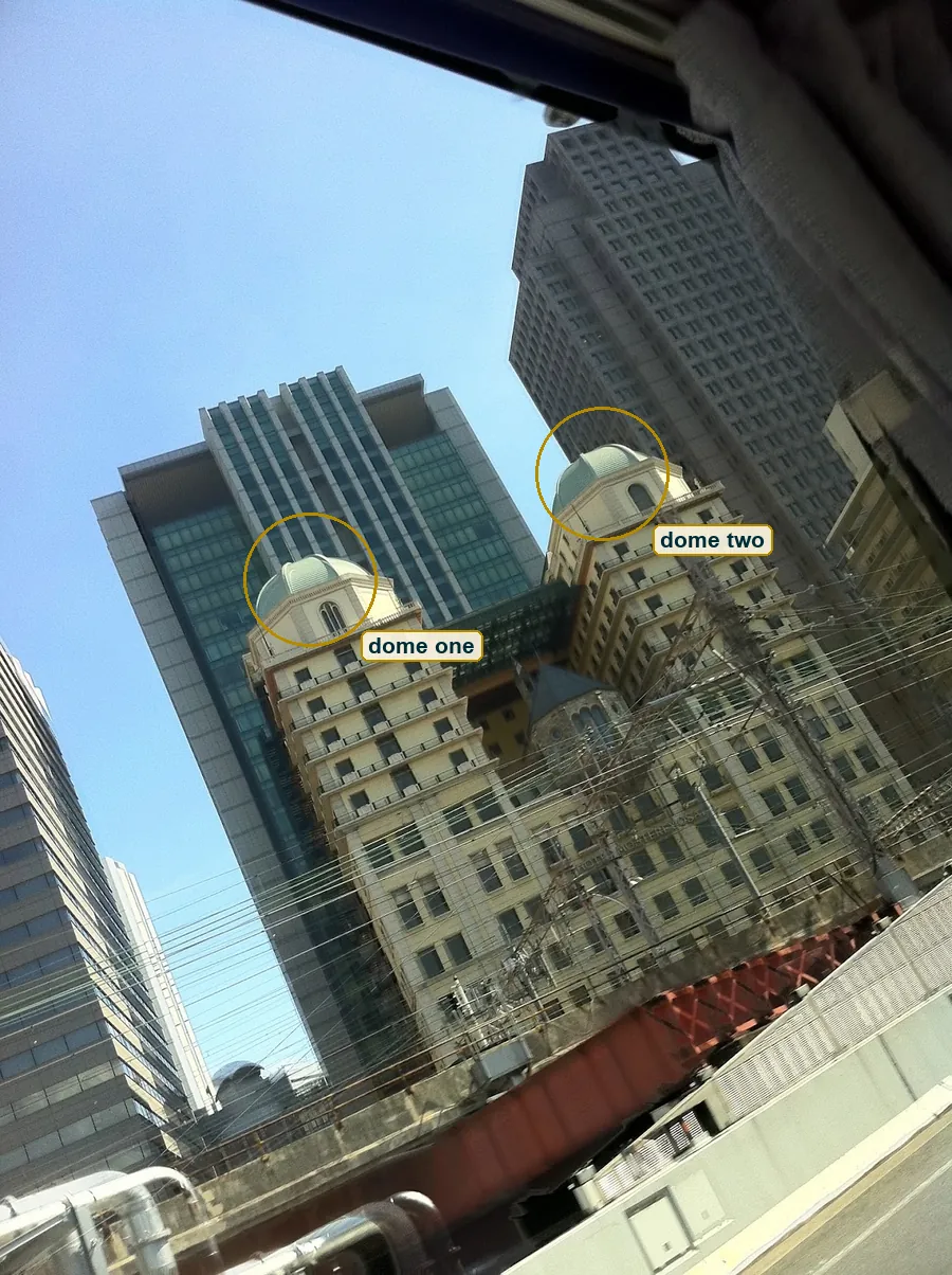 Full frame with the two green domes circled