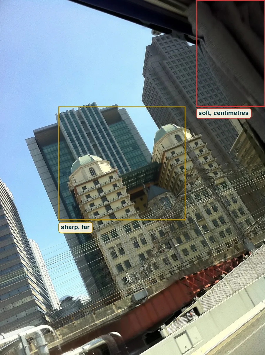 Full frame with the sharp buildings boxed in gold and the soft curtain boxed in red
