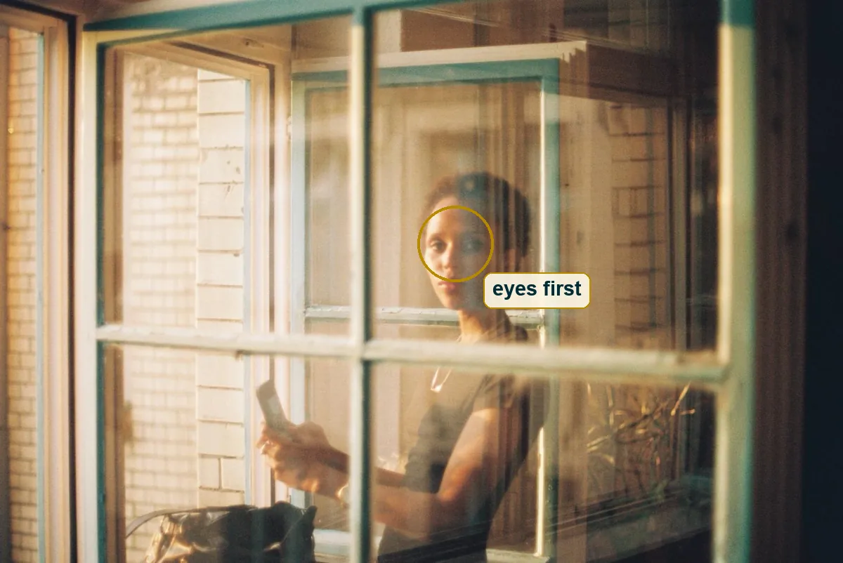 The full photo with a circle around the woman's eyes