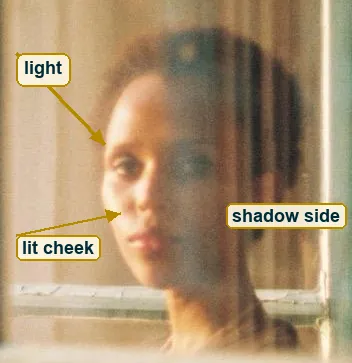 Crop of her face with an arrow showing light arriving from the left