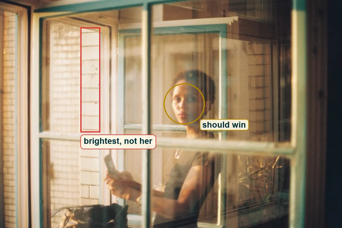 The full photo with the bright brick pillar boxed in red and her face circled for comparison
