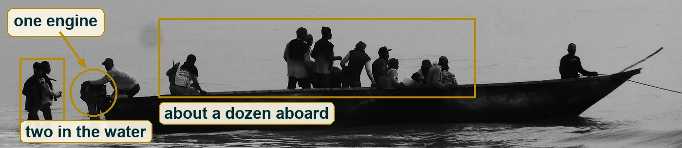 Crop of the long boat with the outboard motor, the passengers and two people wading